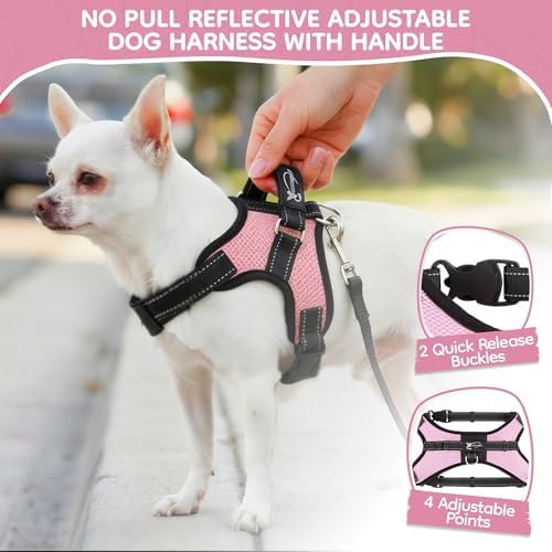 No Pull Reflective Adjustable Dog Harness With Handle- Comfortable Soft All Weather Mesh, Easy On Puppy Harness For Small Medium and Large Dogs (Pink) X-Small