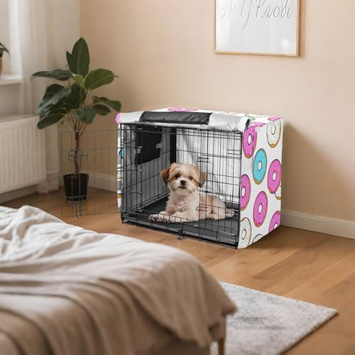 Kigai Donuts Dog Crate Cover Oxford Fabric Windproof Waterproof Kennel Cover with Breathable Mesh & Roll-Up Panels, Fit for 48 in Cage, Washable