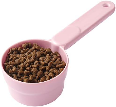 Joyinjojo Dog Cat Food Scoop - Pet Food Scoop Dog Food Measuring Cup 1/2 1/4 Cup, Comfortable Long Handle for Easy to Scoop Food, Soft Pink 1/2 Cup