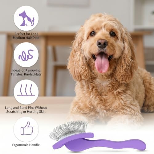 Long Pin Slicker Brush & Dog Comb Set for Doodles Grooming, Purple
