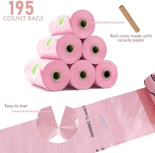 Dog Poop Pickup Bags Holder Dispenser with Standard-Sized Leak-Proof Scented Doggy Waste Bags and Carabiner with Safety Lock&Fastener Never Loose on Leash Lead Again (1 Holder 195 Bags, Pink)