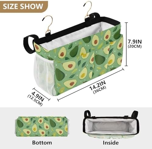 Bedside Caddy Hanging Bunk Bed Caddy Bed Organizer Hanging Pocket with 2 Hooks Bedside Storage Organizer Pocket Bag Holder Green Avocado and Leaf