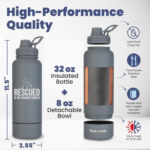 Rubyloo Dog Water Bottle w/Detachable Bowl for Dog Lovers, Favorite Rescue