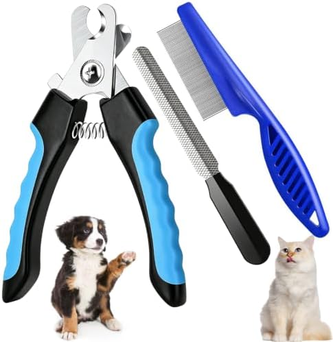Dog Nail Clipper, Pets Nail Clippers and Trimmers with Safety Guard to Avoid Over-Cutting Toe Nails Cat Claw Trimmer Pet Nail Clipper with Nail File, Flea Tick Combs Brush Grooming for Dogs Cats-3PCS