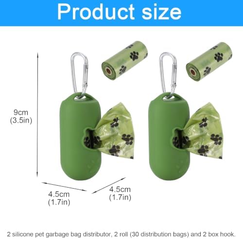 2Pack Dog Poop Bag Holder Leash Attachment with 30 Bags, Silicone Dogs Poop Bag Dispenser with Clip, Reusable Waste Bag Dispenser for Pet Travel, Walking, Park, and Outdoor Use- Green