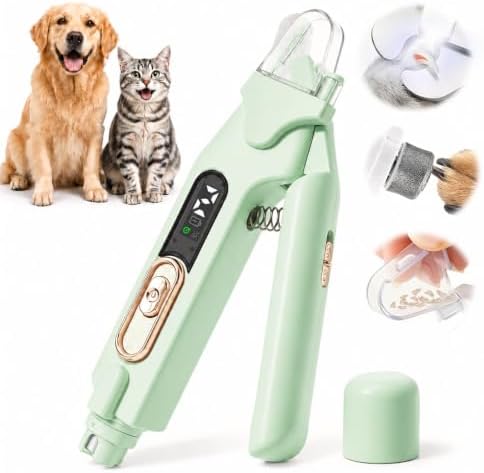 2-in-1 Dog Cat Nail Clippers & Grinder with LED Light, Pet Nail Trimmer with Splash Guard & Safety Lock, 2 Speeds USB Rechargeable Quiet Paw Nail Cutter for Large Medium Small Dogs Cats (Green)