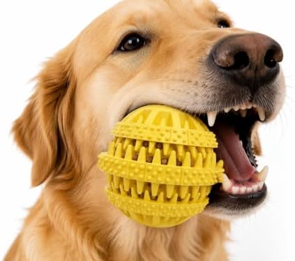 Rubber Dog Chew Toy Ball, Blue and Yellow, Bite-Resistant, Interactive Teeth Cleaning, Hidden Food Treat Dispenser for Dogs (Yellow)