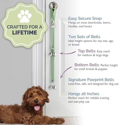 PoochieBells Dog Door Bells for Potty Training, Quick & Easy Puppy Potty Training Method Included, Handcrafted in USA with Loud, Paw-Safe Bells, Celery Green