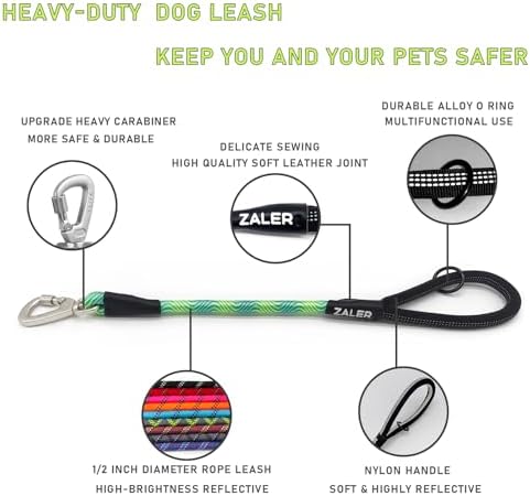 ZALER Short Dog Leash, 18 Inches Rope Traffic Leashes for Dogs, Reflective Dog Lead with O-Ring, Heavy Duty Pet Leash for Large and Medium Dogs (18'' Blue Green)