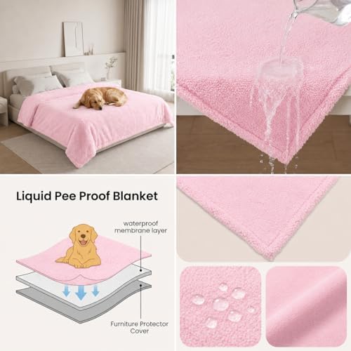 Waterproof Dog Blanket 85x85in Pet Sherpa Fleece Bed Covers Reversible Fluffy Pink Puppy Blankets Leakproof Sofa Couch Washable Cover Cat Pet Blankets for Warm-XXL