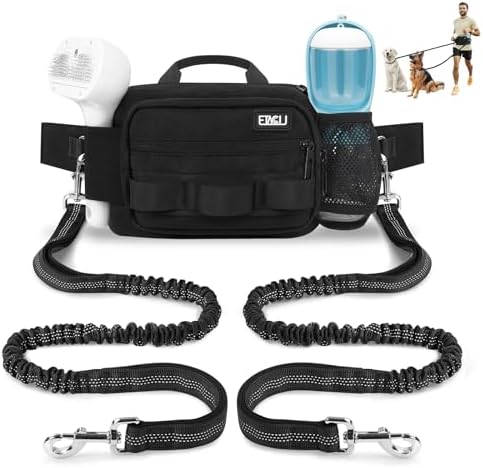 ETACCU Hands Free Dog Leash with Zipper Pouch, Waist Belt for Large Medium 2 Dogs for Running, Walking, Jogging and Hiking, Dual Padded Handles and Durable Bungee - Black (2 Dog)