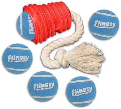 Made in USA Flingsy Dog Ball Launcher and Rope Tug Fetch Thrower Combination Throwing Toy with 100-Percent Natural Cotton Rope