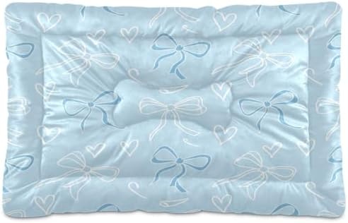 Soft Blue Bows Dog Mat Non-Slip Crate Pad with 4cm Thick Padding Washable Pet Bed Mat for Dog Crate, Car Seat, Floor 36" x 24"