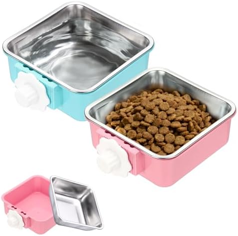 Crate Dog Bowl, Removable Stainless Steel Pet Cage Hanging Anti-Overturn Food Water Feeder Cage Cup (2Pcs, Square, Pink/Light Blue, 17.7oz), Intended for Puppies/Cat/Rabbit/Bird