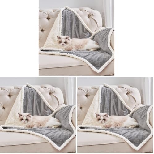 Qeils Pet Blankets for Cats - Waterproof Cat Blanket Washable - Sherpa Fleece Puppy Blanket, Soft Plush Reversible Throw Protector for Bed Couch Car Sofa, 25"X30", Grey (Pack of 3)