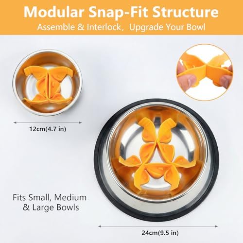 Silicone Dog Slow Feeder Bowl Insert with Suction Cups, Cuttable Food-Grade Lick Mat Divider Fits Stainless Steel Ceramic Glass Dog Bowls, Helps Slow Down Eating, Orange