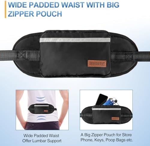 Kytely Hands Free Dog Leash with Zipper Pouch, Wide Padded Waist Dog Running Leash, Dual Padded Handles, Retractable Bungee for Walking Jogging Training Hiking