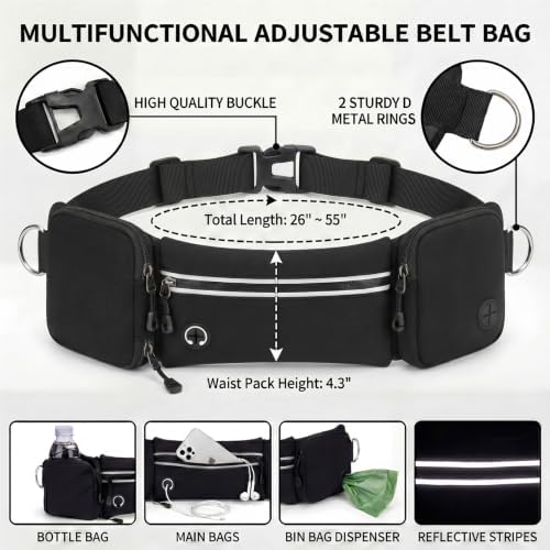 Hands Free Dog Leash 3 Zipper Pounchs with Reflective Strips Poop Bag Dispenser,Waterproof Dog Walking Belt,Dual Handles and Durable Bungee,Waist Leash for Dog Walking,Jogging and Running