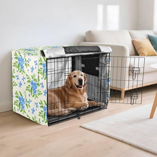 Kigai Flowers Dog Crate Cover Oxford Fabric Windproof Waterproof Kennel Cover with Breathable Mesh & Roll-Up Panels, Fit for 35 in Cage, Washable