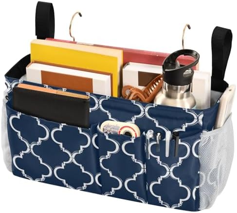 Bedside Caddy Hanging Bunk Bed Caddy Bed Organizer Hanging Pocket with 2 Hooks Bedside Storage Organizer Pocket Bag Holder Navy Blue Geometric Quatrefoil