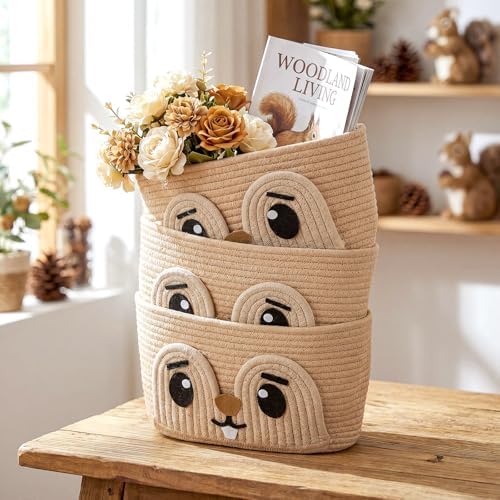 Squirrel Nursery Decor 3 Tier Cotton Rope Hanging Basket Organizer Squirrel Wall Storage Bin with Hooks over Door Decorative Nursery Closet Hanging Accessories