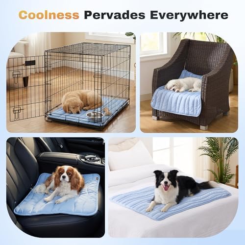 ZOMISIA Cooling Mat for Medium Dogs - Thin Portable Pet Cooling Pad, Breathable and Washable Cool Fiber with Non-Slip Bottom, Outdoor Use for Summer, 29x18, Blue