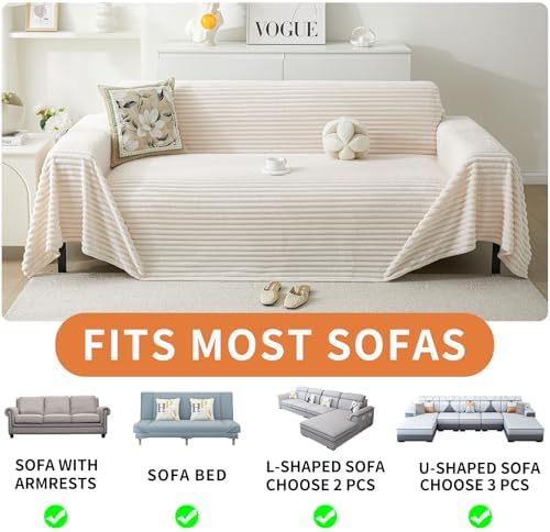 HAOMAIJIA Faux Fur Sofa Covers Couch Covers for 3 Cushion Couch Sofa Pet Friendly Soft Non Slip Couch Cover for Dogs Washable Sectional Couch Covers L Shape Furniture Protector (Off White, 91"x134")