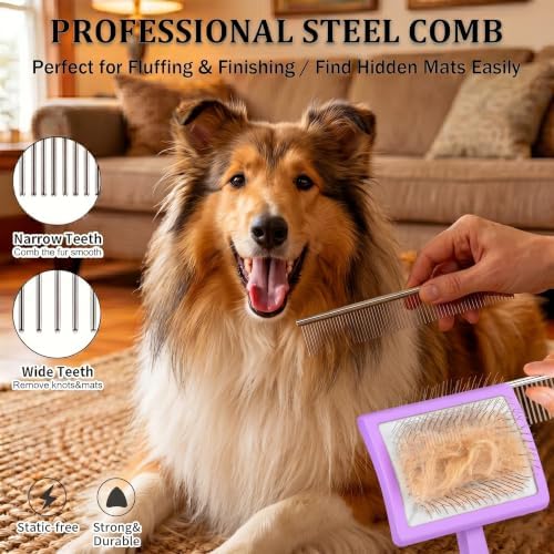 Long Pin Slicker Brush & Dog Comb Set for Doodles Grooming, Purple