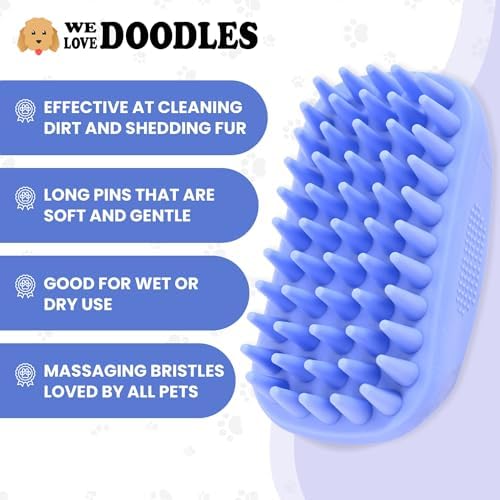 Bath Brush for Pet Grooming & Massage - Rubber Scrubbing Brush for Showers, Ideal for Long & Short Haired Dogs and Cats, Essential Puppy Accessory, Long Pins [We Love Doodles]