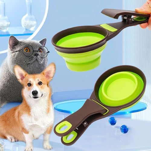 3 in 1 Multi-Function Dog Food Scoop with Measurements and Bag Clip Collapsible Dog Food Measuring Cup for Animals Silicone Measuring Spoons 1 Cup Capacity, Green, M