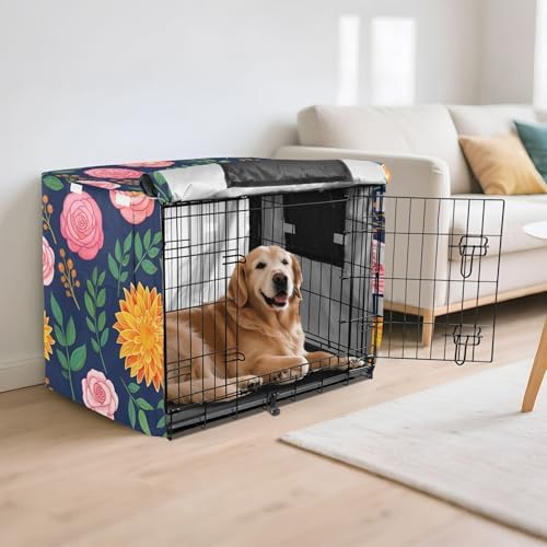 Kigai Flowers Dog Crate Cover Oxford Fabric Windproof Waterproof Kennel Cover with Breathable Mesh & Roll-Up Panels, Fit for 35 in Cage, Washable