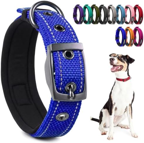 PetiFine Heavy Duty Dog Collar with Durable Metal Buckle,Neoprene Padded Comfort Dog Collar, Reflective Adjustable Belt Buckle Dog Collars for Small Medium Large Dogs(11''-14.5'', Navy)