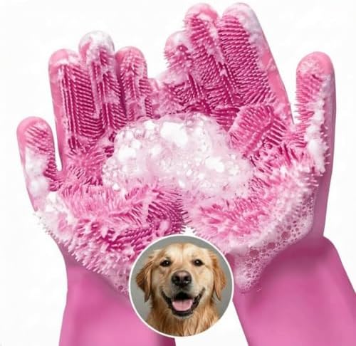 Cat and Dog Washing Gloves, 1 Pair, 11.6 in, Soft Silicone (Pink)