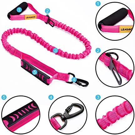6FT Highly Reflective Heavy Duty Elastic Bungee Medium and Large Dog Leash Shock Absorbing with Comfortable Padded Handle and Traffic Handle Suitable for Training Hot Pink