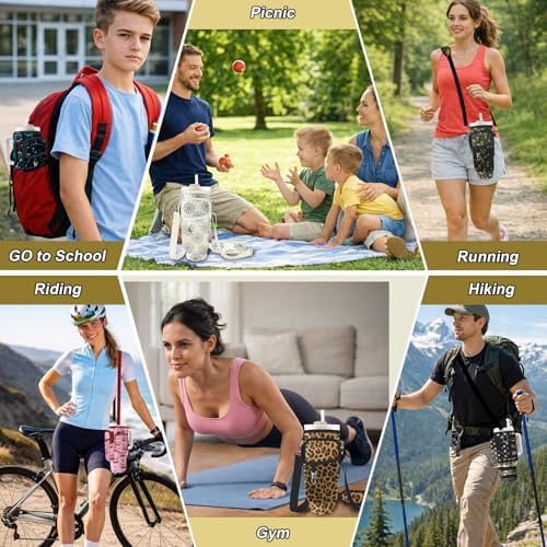 Water Bottle Carrier Bag for Stanley Cup 40/30oz, Neoprene Water Bottle Holder Pouch with 3 Pocket Adjustable Shoulder & Hand Strap