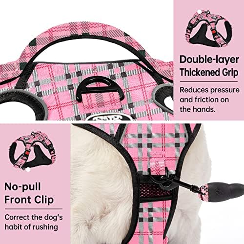 IVY&LANE No Pull Dog Harness for Large Dogs,Reflective Dog Vest Harness | No Choke,Fully Adjustable,Soft Handle,with Leash, Safety Belt and Storage Strap,Checkered Pink,L
