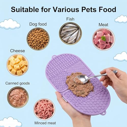 Foldable Dog Lick Mat, 142 Strong Suction Cups Silicone Slow Feeder Lick Pad with 6 Textured Zones, Anxiety Relief Mat for Bath Grooming, BPA Free for Dogs & Cats (Purple, 17.32 x 7.87in)