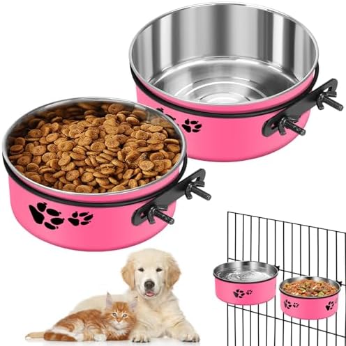 Pink Kennel Bowls Mountable Stainless Steel Crate Bowls No Spill Hanging Kennel Water Bowl with Clamp Holder 2 Sizes 7.08x2.83’’,6.3x2.63’ Hot Pink