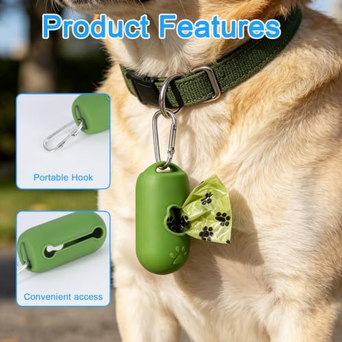 2Pack Dog Poop Bag Holder Leash Attachment with 30 Bags, Silicone Dogs Poop Bag Dispenser with Clip, Reusable Waste Bag Dispenser for Pet Travel, Walking, Park, and Outdoor Use- Green