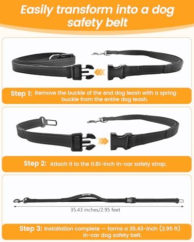 Hands Free Dog Leash with Car Seatbelt, Multifunctional Waist & Crossbody Dog Leash, 6.3-9.2Ft Adjustable 2-in-1 Handheld & Belt Design, Reflective Stitching for Medium & Large Dogs Walking, Running,