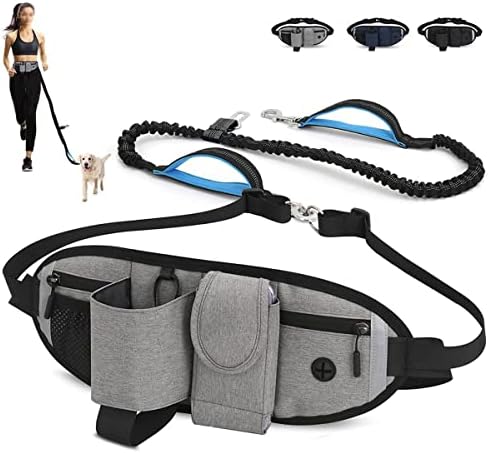 Hands Free Dog Leash with Waist Bag, Adjustable Waist Belt for Walking Training Hiking Jogging Biking, Adjustable Waist Belt Fits Waist Sizes from 20" to 51" (Grey)
