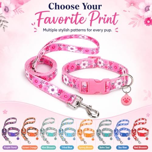 Floral Matching Dog Collar and Leash Set with AirTag Holder-Pink Daisy/L