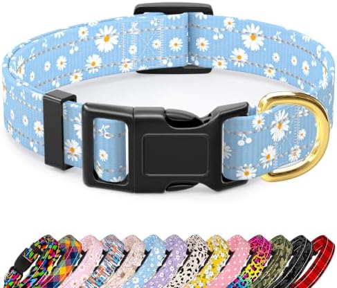 Reflective Nylon Dog Collar for Large Dogs, Blue Daisy, L