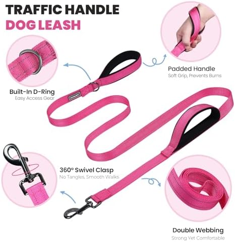 VIVAGLORY Double Handle Dog Leash Twingrip, 5ft x 1in, M, Pink Grey