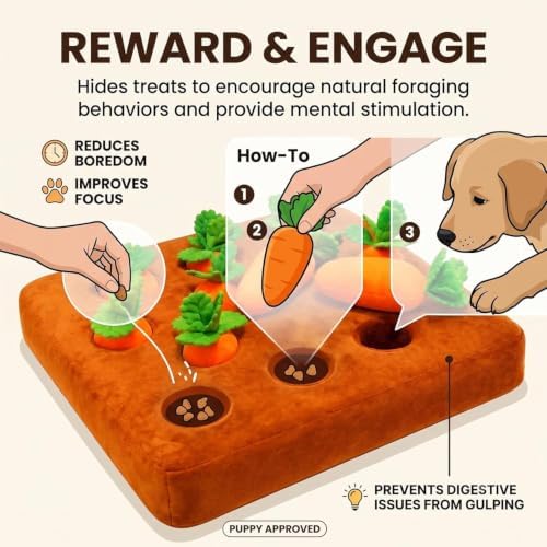 Carrot Patch Dog Toy, Snuffle Mat for Dogs 2-in-1 Foraging Puzzle with 12 Carrots, Non-Slip Washable Enrichment Toy Relieves Stress for Small Medium Dogs Cats，12-Hole Carrot