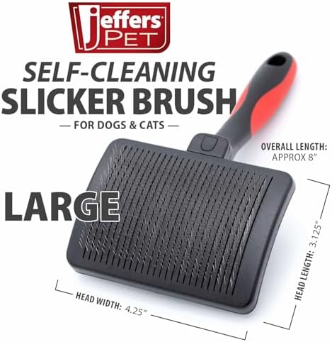 Jeffers Pet Self-Cleaning Slicker Brush for Dogs & Cats – Self Cleaning Button, Removes Tangles & Loose Hair, Non Slip Handle for Easy Grooming, Go To Gift for Pet Owners – Black, Red - Large