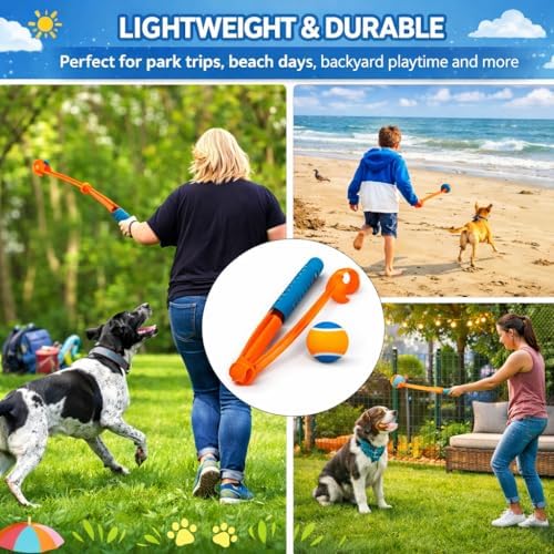 Foldable Dog Ball Launcher with 2.5” Tennis Ball, 25” Long Thrower, Hands-Free Ball Pickup, Outdoor Fetch Toy for Dogs