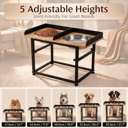 Elevated Dog Bowls for Large Breeds & Great Danes, 5 Adjustable Heights 16.1"-21.7" Raised Bowl Stand with Splash Guard, 2×4L 304 Stainless Steel Bowls, Wood & Metal, Non-Slip