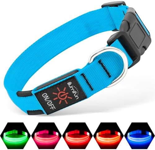 Illumifun LED Dog Collar, Adjustable Dog Light Up Collars, USB Rechargeable Safety Collar Light Glow in the Dark (Blue, Large)