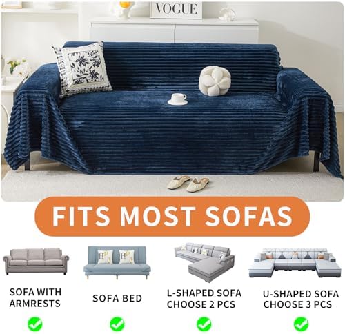 HAOMAIJIA Faux Fur Sofa Covers Couch Covers for 3 Cushion Couch Sofa Pet Friendly Soft Non Slip Couch Cover for Dogs Washable Sectional Couch Covers L Shape Furniture Protector (Navy Blue, 71"x150")